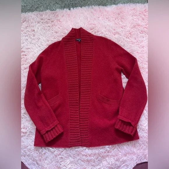 Eileen Fisher Red Wool Cashmere Open Cardigan Sweater Women’s Small Italian Yarn - Picture 2 of 4